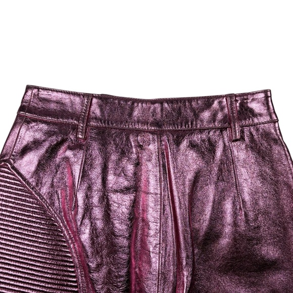 JUST CAVALLI METALLIC PINK LEATHER RIBBED HIGH WAIST MINI MOTO SKIRT - Picture 8 of 15